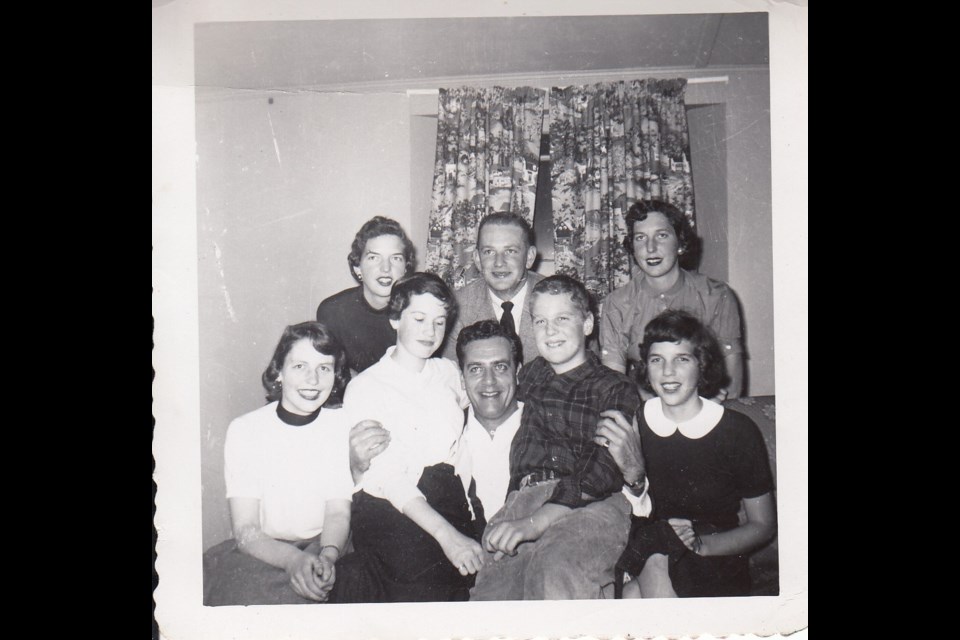 Family dynamic: Raymond Burr, front centre, posed for a photo with some of his cousins and second cousins when visiting his hometown in 1954. Shown are Gerry (Mark) Somers, Bryan Mark and Marilyn (Mark) Lawson, from left in the rear row, and Maureen (McGregor) Albanese, Karen (Mark) Kirby, Burr, Mark McGregor and Diane (Mark) Shipclark, from left in the front row.