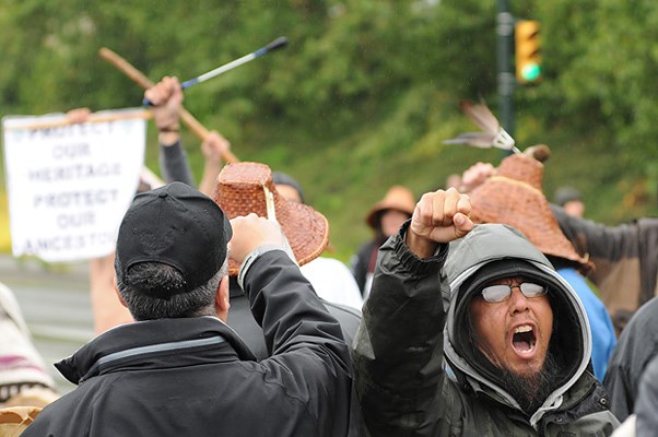 Protesters shut down lanes Thursday on the Arthur Laing Bridge.