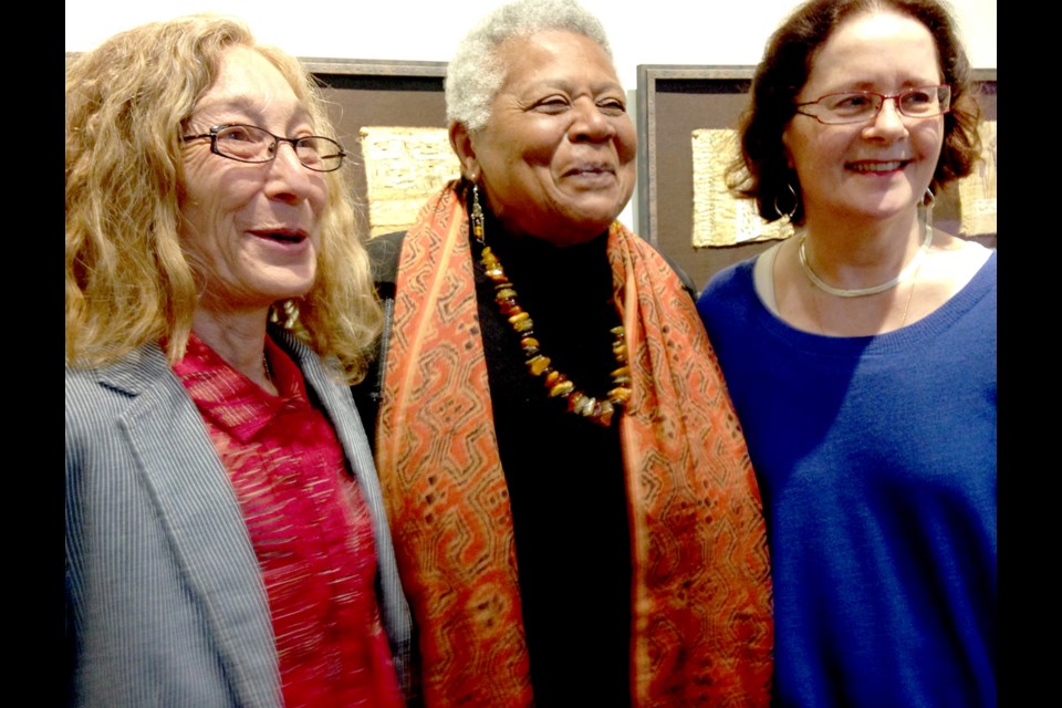 Minnijean Brown-Trickey (centre) sat on a panel with artists Robin Atlas (left) and Nancy Current (right) at the opening of their exhibit, On the Consequences of Hate Speech.