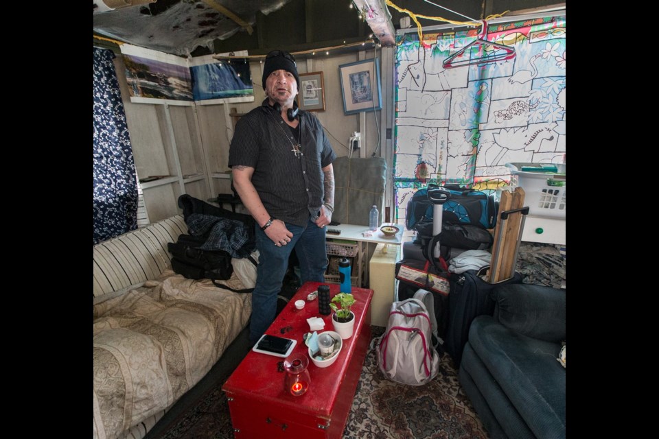 Marcus Beg in his makeshift home in a shed on the deck of a Saanich home.