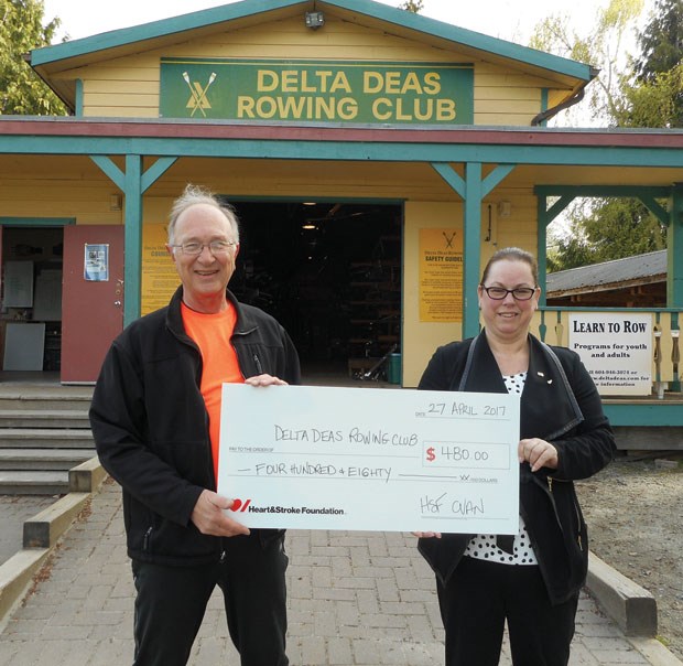 Kathryn Mclean, P2P program coordinator with the BC Heart & Stroke Foundation, accepts a $480 cheque from Delta Deas Rowing Club member John Bernat. The Race of Hearts rowing regatta is an annual event held to raise funds for the BC Heart & Stroke Foundation. The Delta Deas Rowing Club offers high school, adult, adaptive and Learn to Row programs to members of the community.