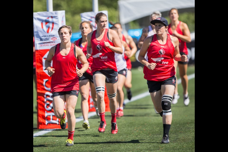 Canada's women's sevens rugby team practises at Westhills Stadium on Friday ahead of the Canada Sevens women&rsquo;s rugby tournament Saturday and Sunday.