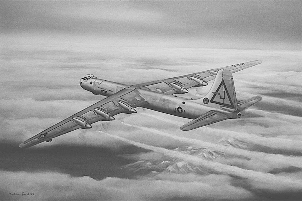 Painting of Bomber 075 by Kamloops artist John Rutheford. With a wingspan of 230 feet, the B-36 was the largest bomber ever built.