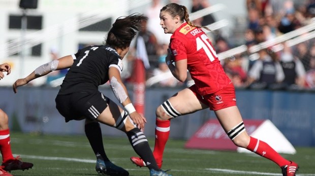 Team Canada's Hannah Darling looks to move past Team New Zealand's Ruby Tui during cup final action