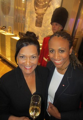 Omega store manager Jane Dodds welcomed five-time Olympian and London games torch bearer Charmaine Crooks to Omega's Olympic party.
