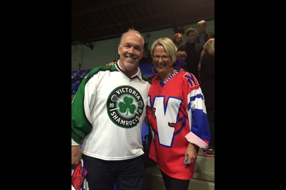 NDP leader John Horgan and New Westminster MLA-elect Darcy left their NDP orange attire at home Thursday night when they took in a New Westminster Salmon bellies and Victoria Shamrocks game at Queen's Park Arena. Horgan was thrilled to have met and received a signed lacrosse ball from New Westminster lacrosse legend Wayne Goss.