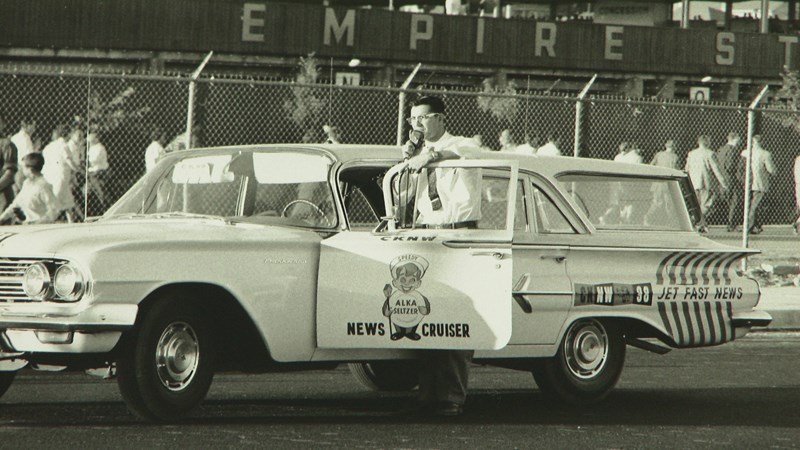 Intrepid reporter George Garrett reports from outside Empire Stadium. Garrett’s 43 years on the air are featured in the George Orr documentary Talk! Vancouver’s Fascination with Grand Journalism and Instant Democracy! The movie screens Saturday at 12:30 p.m. at The Cinematheque.