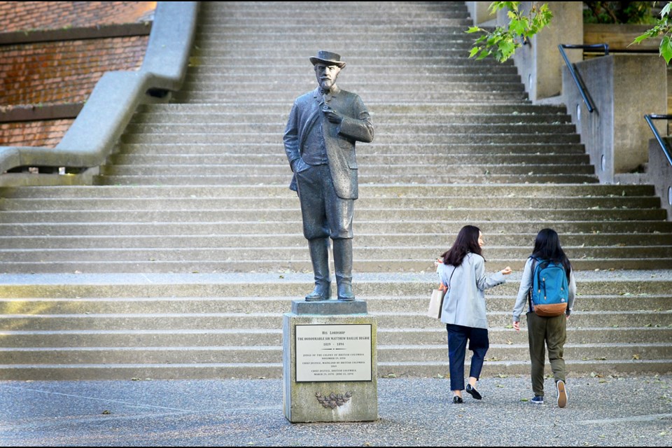 Having removed the Judge Begbie statue from Begbie Square in July, city council is now poised to consider a motion that would see Begbie Square (shown here, in front of the law courts on Carnarvon Street) and Begbie Street in downtown New West renamed Chief Ahan Square and Chief Ahan Street.