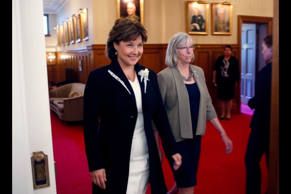Premier Christy Clark arrives with Lt.-Gov. Judith Guichon for a swearing-in ceremony for the provincial cabinet at Government House on Monday. June 12, 2017