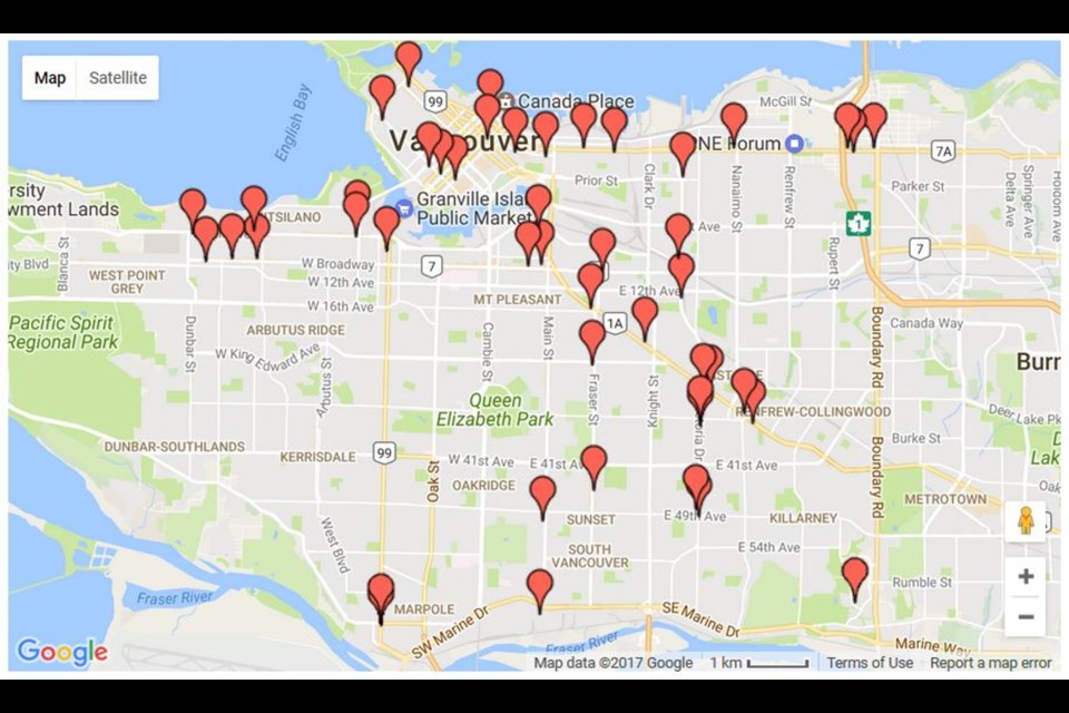 A city map shows the number of marijuana dispensaries in Vancouver that continue to operate without a business licence. Image courtesy City of Vancouver