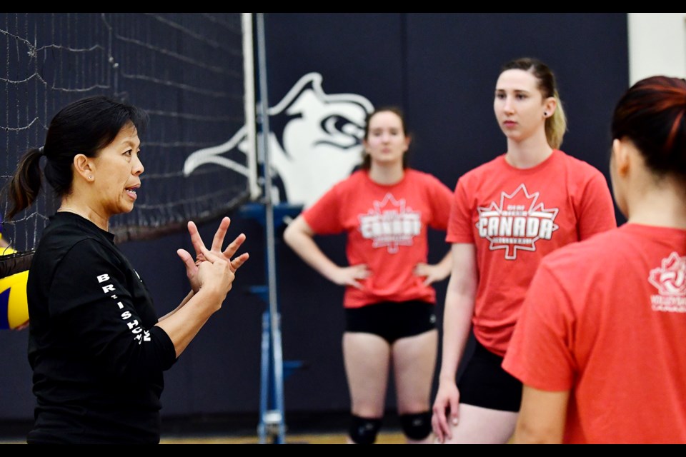 Players from the Canadian women's deaf volleyball team, shown with team interpreter Vicki Yee, held a training camp earlier this month at Byrne Creek Secondary, in preparation for the Deaflympics in Turkey next month.