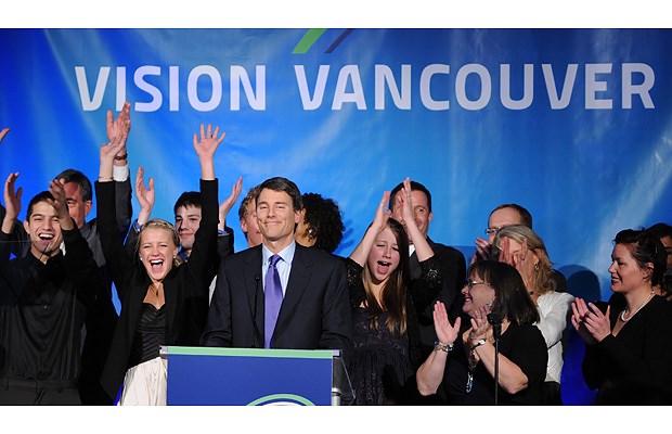 Re-elected Vision Vancouver Mayor Gregor Robertson gives his victory speech before a cheering crowd Saturday night at the Sheraton Wall Centre.