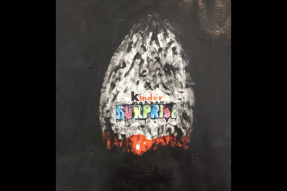 Byrne Creek Community School Grade 11 student Evzen Pabellon's artwork Kinder Morgan Surprise explores the impact an spill from an expanded Trans Mountain pipeline would have on Burnaby and the province.
