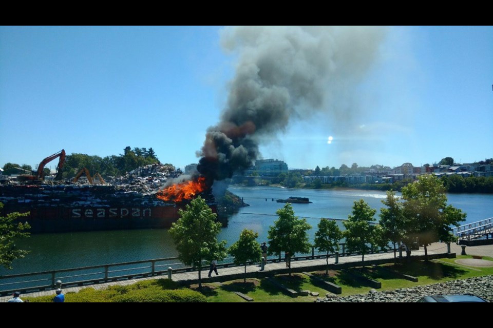 Victoria Fire crews are responding to a fire on a barge loaded with cars in the Gorge. June 23, 2017