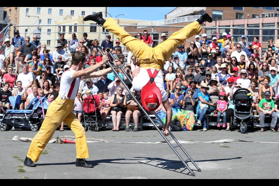 The Circus Firemen work their ladder magic at the now defunct Victoria International Buskers Festival in July 2015. The new Downtown Victoria Buskers Festival makes its debut July 11 to 16.