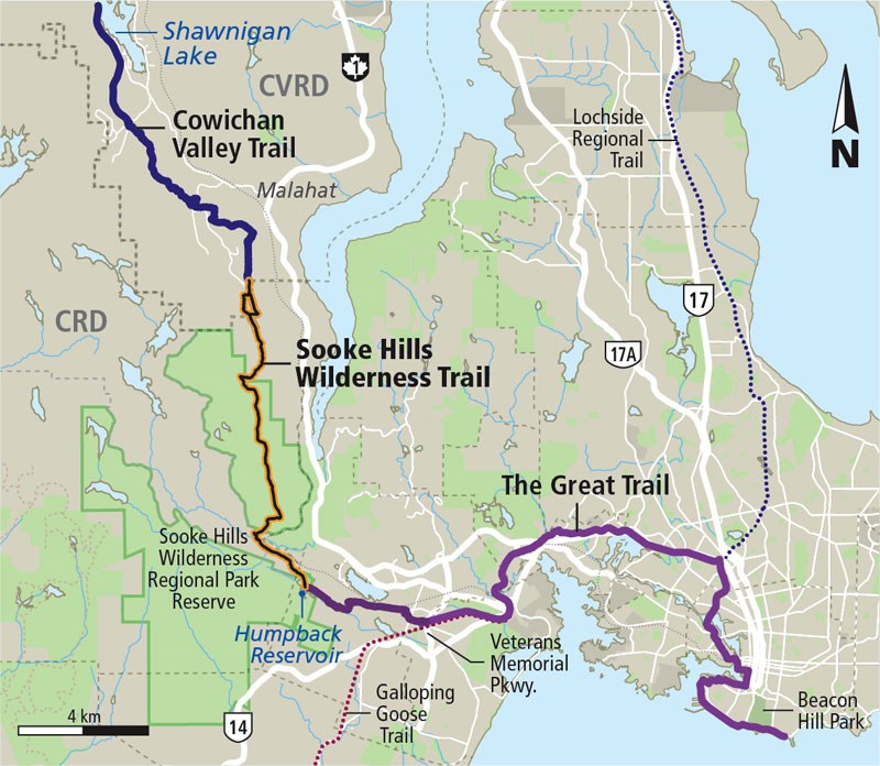 Map - trails Galloping Goose, Great Trail, Sooke Hills Wilderness Trail