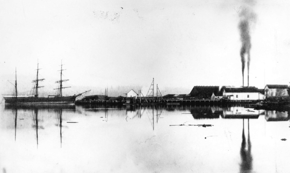 A view of Hastings Mill, which operated in Burrard Inlet at the foot of what is now Dunlevy Avenue i