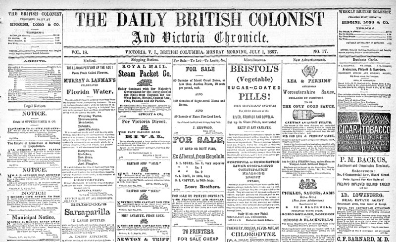 Daily British Colonist July 1, 1867 front page