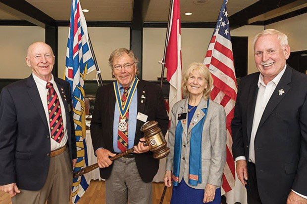 Ulf Ottho will take over as president of the Rotary Club of Ladner tomorrow as the club enters its 60th anniversary year. Top: Incoming president Ulf Ottho (second from left) is shown with (from left) outgoing president Walt Hayward, Rotary District 5040 governor Lyn Stroshin and assistant district governor Rick Lewall of Tsawwassen Rotary.
