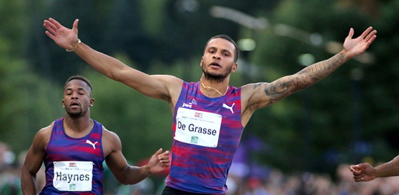 Andre De Grasse wins the mens 100 m in 10.17 at Wednesday's Harry Jerome Track Classic at Percy Perr