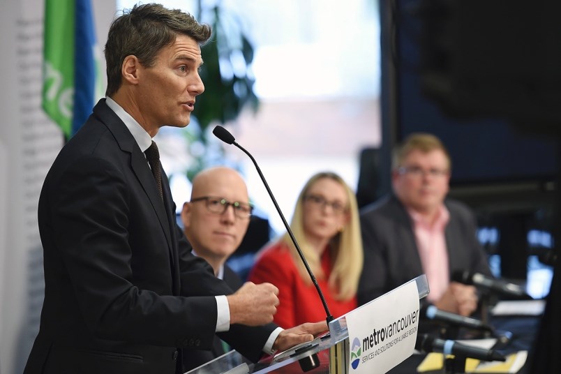 Mayor Gregor Robertson with Port Coquitlam Mayor Greg Moore, Maple Ridge Mayor Nicole Read and Port