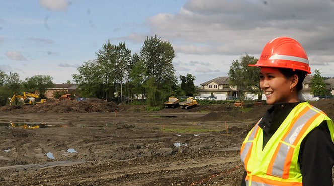 Construction on the Blakeburn Lagoons as photographed last month with engineer Lee-Anne Truong, Port Coquitlam's manager of capital projects.