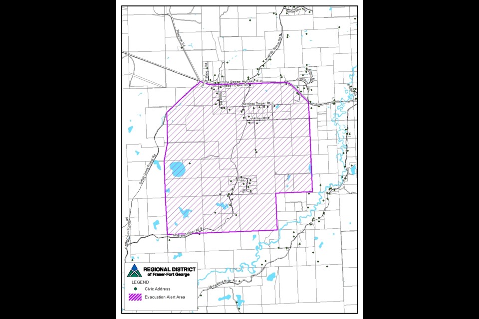 This map outlines the area affected by an evacuation warning issued by the Regional District of Fraser-Fort George on Saturday.