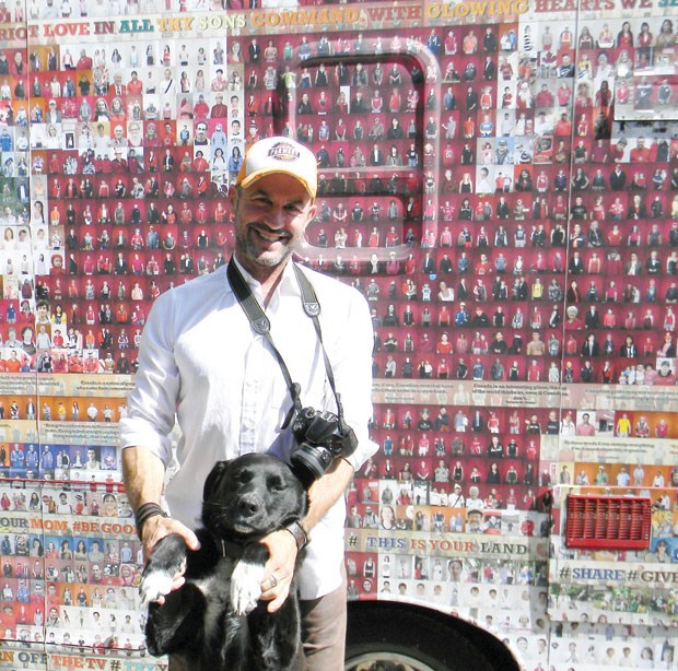 Photographer Tim Van Horn, shown with his dog Scout, was in Ladner Wednesday, revisiting the community and reconnecting with people he took photos of two years ago for his Canadian Mosaic Project, a “beautiful look at our Canadian identity.” In the last eight and half years travelling across Canada, he’s photographed 57,000 people from 1,250 communities. Van Horn, who hails from Red Deer, Alberta, says he’s currently on a one-year coast to coast trip revisiting communities where the portraits were taken.
