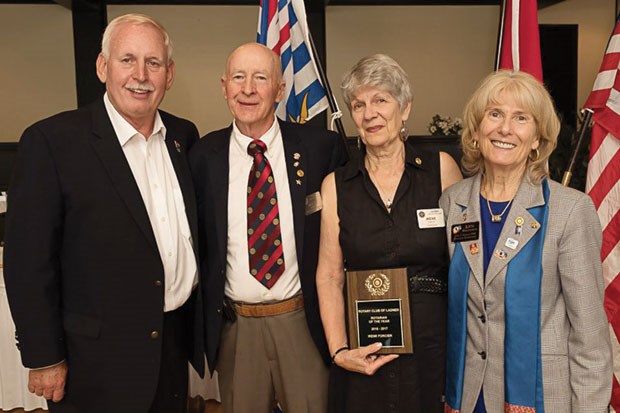 Irene Forcier (second from right) received the Rotarian of the Year Award for her work leading the Rotary Club of Ladner in its partnership with the Corporation of Delta to develop a new splash park in Memorial Park in time for summer 2018. Presenting the award were (from left) Rotary District 5040 assistant governor Rick Lewall, Ladner Rotary president Walt Hayward and Rotary District 5040 governor Lyn Stroshin.