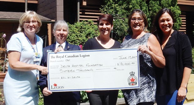 The Ladner Legion recently donated $16,000 to the Delta Hospital Foundation. Pictured (from left) are Jeannette Coates (Mountain View Manor), Olwen Demidoff (Ladner Legion), Lisa Hoglund (Delta Hospital Foundation), Jacky Hillairet (Ladner Legion) and Angela Turner (Delta Hospital Foundation). In the past some of the money the Legion has donated has gone to purchase equipment for the Mountain View Manor in the hospital, including an activity mat on which residents can play shuffle board, horse shoes and many other games.