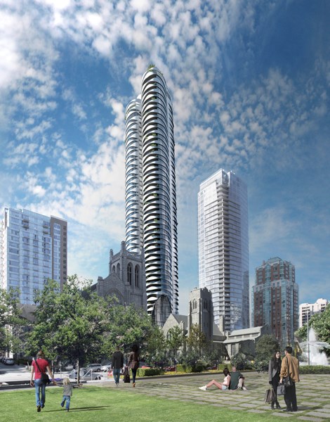 An artist’s rendering of the proposed tower adjacent to First Baptist Church at Burrard and Nelson. Illustration Bing Thom Architects/Westbank