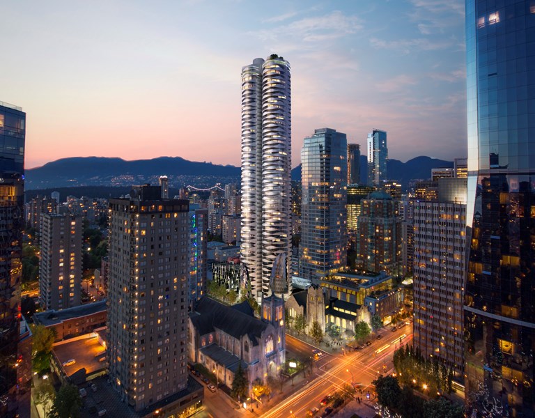 An artist’s rendering of the proposed tower adjacent to First Baptist Church at Burrard and Nelson. Illustration Bing Thom Architects/Westbank