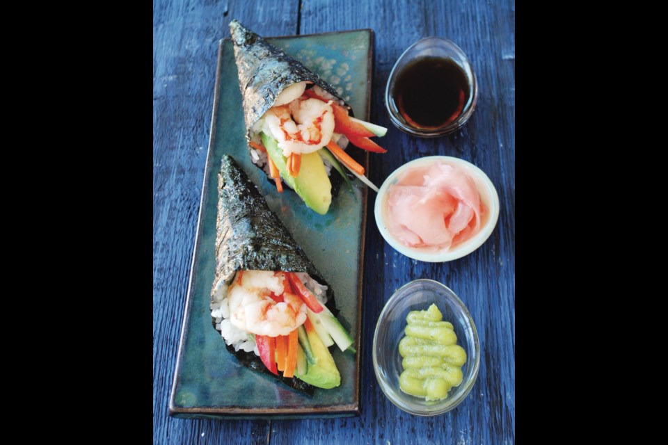Roll up these prawn, avocado and vegetable hand rolls for a cool and attractive summer dinner.