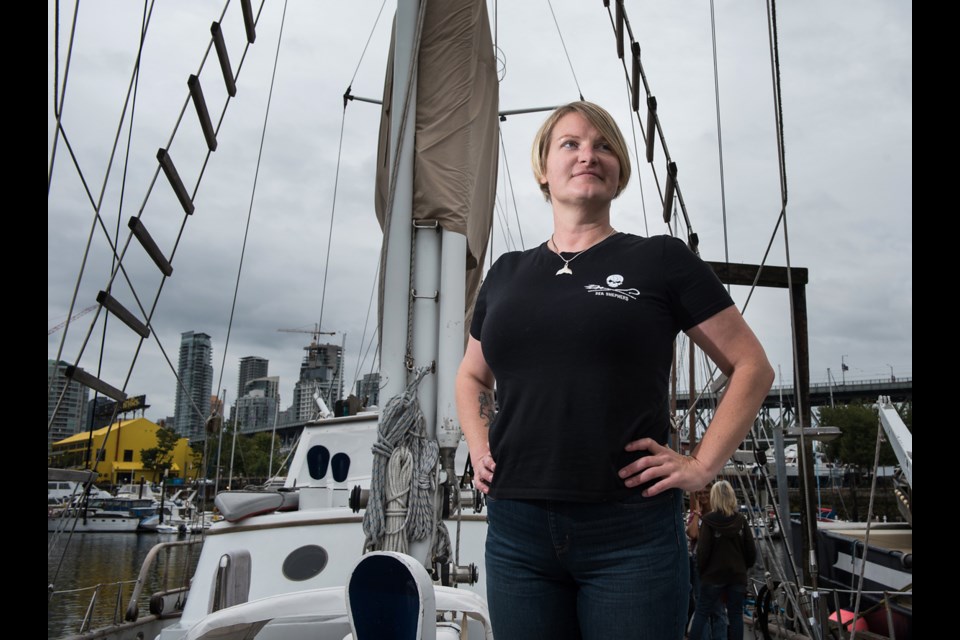 Sue Waters is one of the coordinators of the Vancouver Chapter of the international Sea Shepherd Conservation Society. Waters will be part of the crew aboard the RV Martin Sheen that leaves False Creek this coming weekend for coastal waters to document fish farms as part of the Operation Virus Hunter II campaign that aims to protect wild salmon. Photo Rebecca Blissett