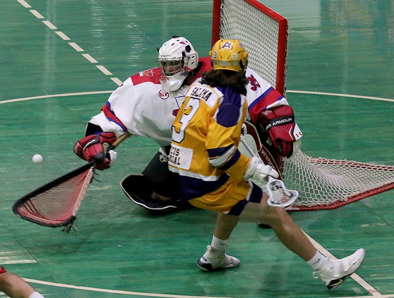 MARIO BARTEL/THE TRI-CITY NEWS
New Westminster Salmonbellies goalie Eric Kratz scrambles for the rebound after stopping Coquitlam Adanacs forward Eli Salama in the first period of Game Two of their BC Junior A Lacrosse League final, Monday at Queens Park Arena in New West. The Adanacs hung on for an 8-7 win and lead the series 2-0.