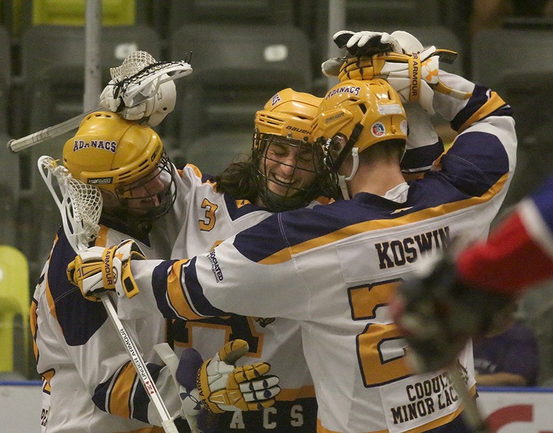 MARIO BARTEL/THE TRI-CITY NEWS
Couqitlam Adanacs forward Eli Salama (#3) celebrates his second period goal that gave the Adanacs a 5-2 lead in Game Five of the BC Junior A Lacrosse League final, Monday at the Poirier Sports and Leisure Complex. Coquitlam won the game, 9-6, to clinch their ninth straight league championship, four games to one.