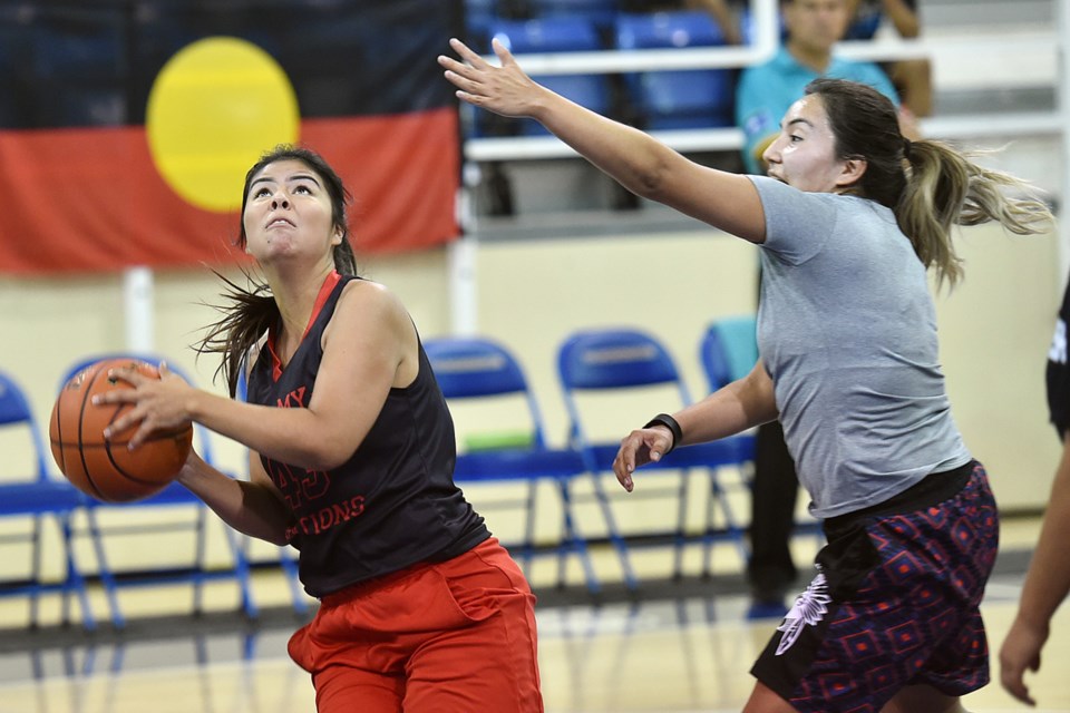 All My Relations players Vanessa Parnell (l) and Laura Lewis warm up before their game at UBC’s War Memorial Gym Tuesday. Photo dan toulgoet