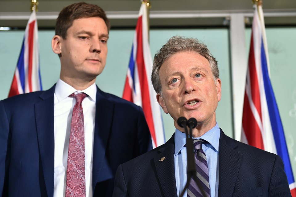 Environment Minister George Heyman and Attorney General David Eby outlined the government’s plans Thursday to prevent Kinder Morgan’s Trans Mountain pipeline project from being built. Photo Dan Toulgoet