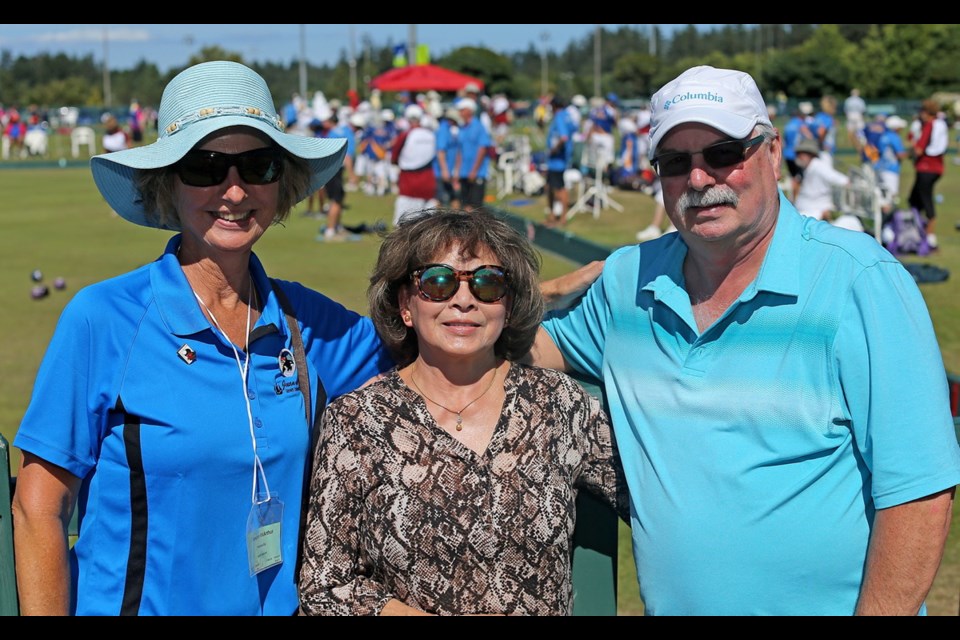 Cherlynn McArthur, left, with Darryl and Jean Owens at the Canadian Lawn Bowling Championships at the Juan de Fuca Lawn Bowling Club.