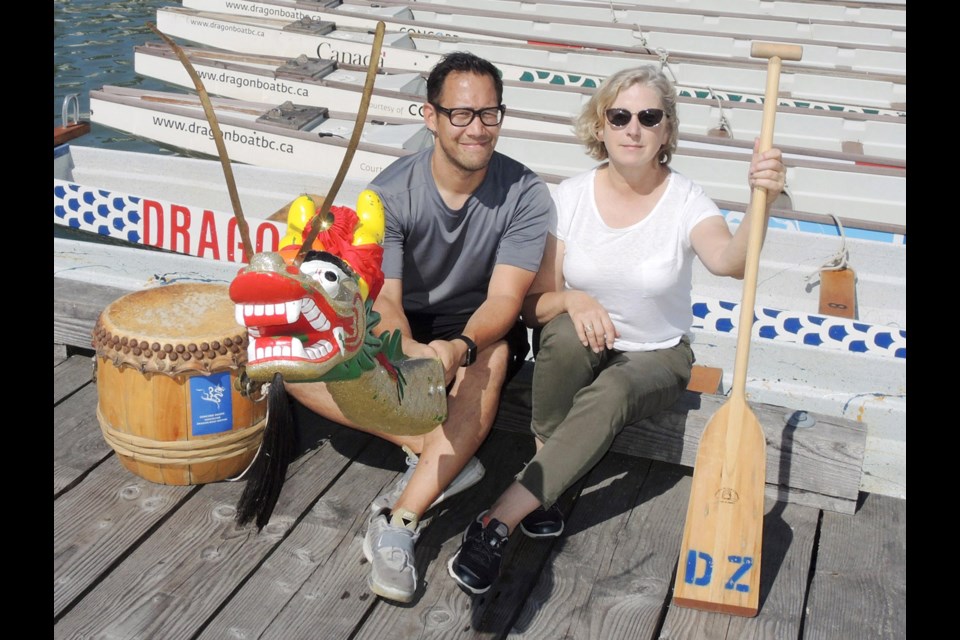 Ann Phelps (right), general manager of the Steveston Dragon Boat Festival, and organizer David Chinn are ready to welcome 2,000 athletes from 72 teams – along with 15,000 spectators – to this weekend’s competition, which gets underway Saturday in Steveston. Photo by Alan Campbell/Richmond News