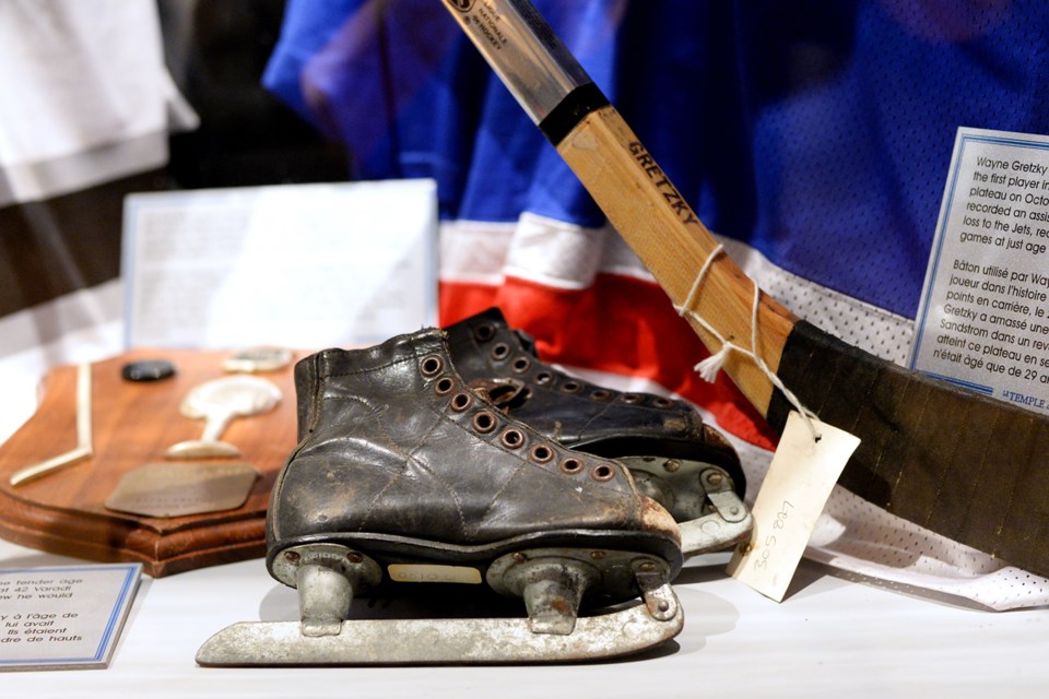 On display at the Hockey Hall of Fame: Legends of Hockey exhibit at the Fair at the PNE is the first pair of skates owned by hockey great Wayne Gretzky. Photo Jennifer Gauthier