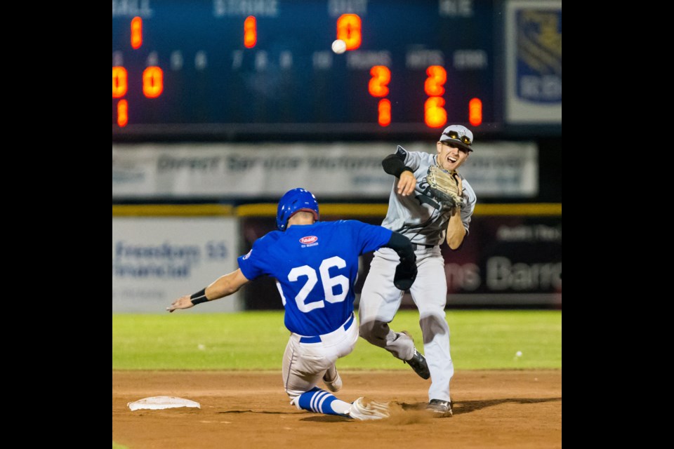 The Burnaby Bulldogs’ Kyle McComb fires the ball to first for one of the team’s three double plays in the Canadian senior men’s baseball championship final, which Burnaby won 5-3 over New Brunswick.