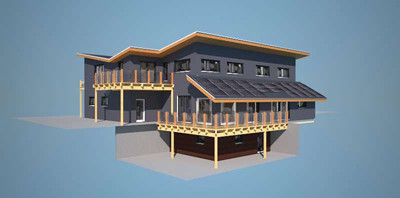 A mock up of Tom Grimmer's Passive Plus House in Comox. Components for the highly energy efficient house were constructed by sister companies in Squamish, Factor Building Panels and British Columbia Timberframe.