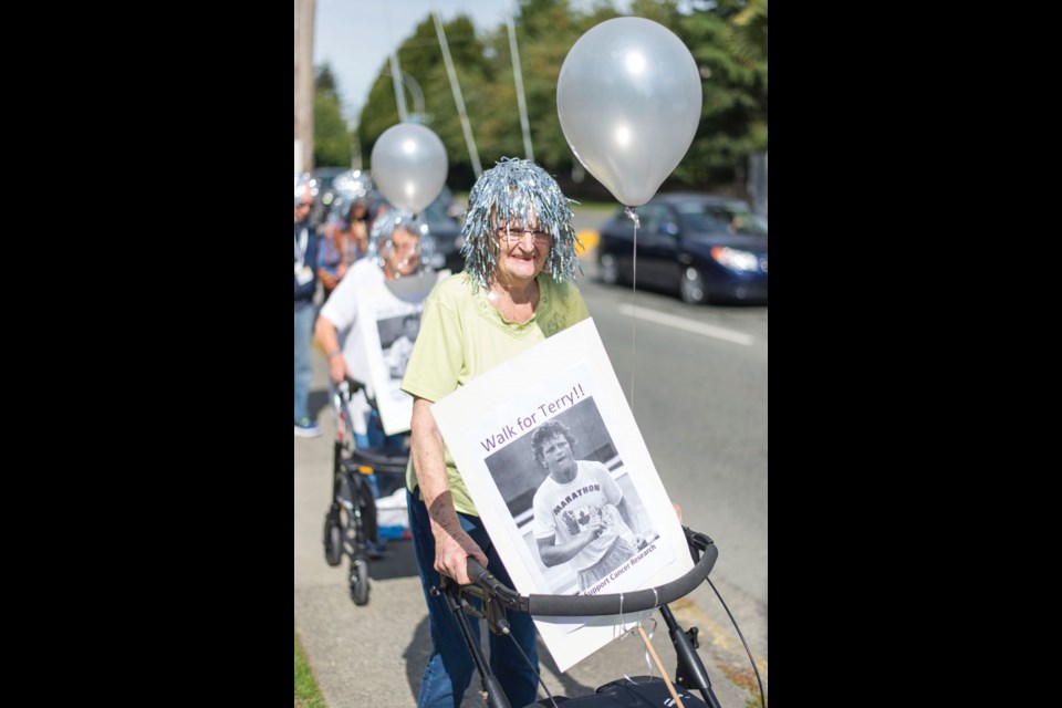 Winnie Campbell was among those from The Wexford taking part in a Silver Fox Walk along 56th Street in Tsawwassen Tuesday afternoon. The annual Terry Fox Run goes this Sunday at the South Delta Recreation Centre.