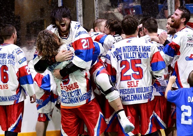 The Peterborough Lakers celebrate winning the 2017 Mann Cup championship, beating New Westminster 14-10 in Game 6 of the series.