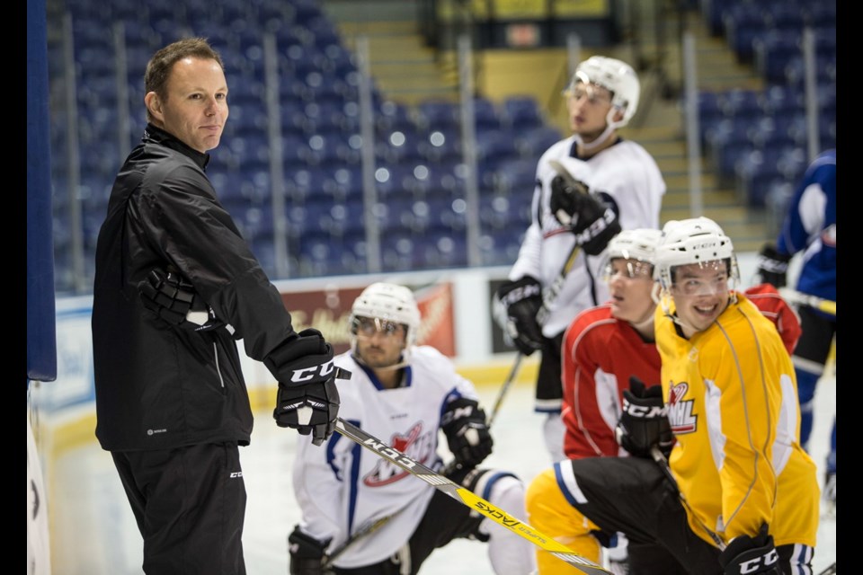 Head coach Dan Price, left, runs a Royals practice at Save-on-Foods Memorial Centre in 2017. He says he expects the Prince George Cougars to play with "desperation" this weekend.