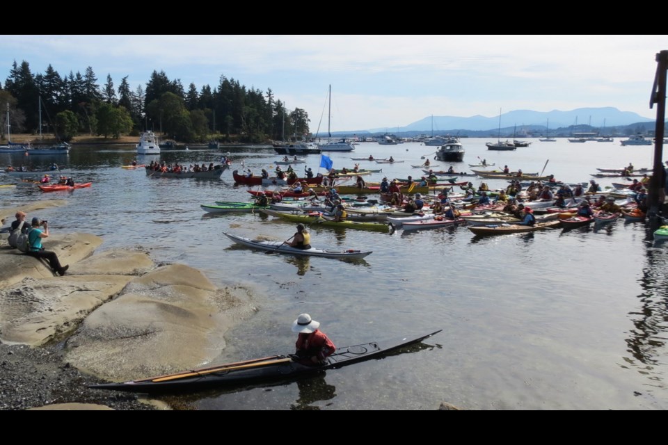 A flotilla of 150 kayaks and canoes celebrates the opening of the Salish Sea Marine Trail on Saturday, Sept. 16, 2017, paddling from Nanaimo Harbour to Newcastle Island.