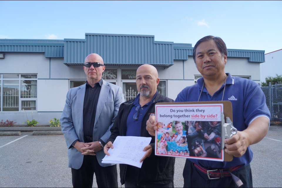 Ying Wang (right), owner of a gymnastics and swimming facility for children, along with Rob Reeleder (left) and Cam Russell, who also own businesses in the area, are petitioning against the city’s decision to open a homeless shelter next door. Photo by Graeme Wood/Richmond News