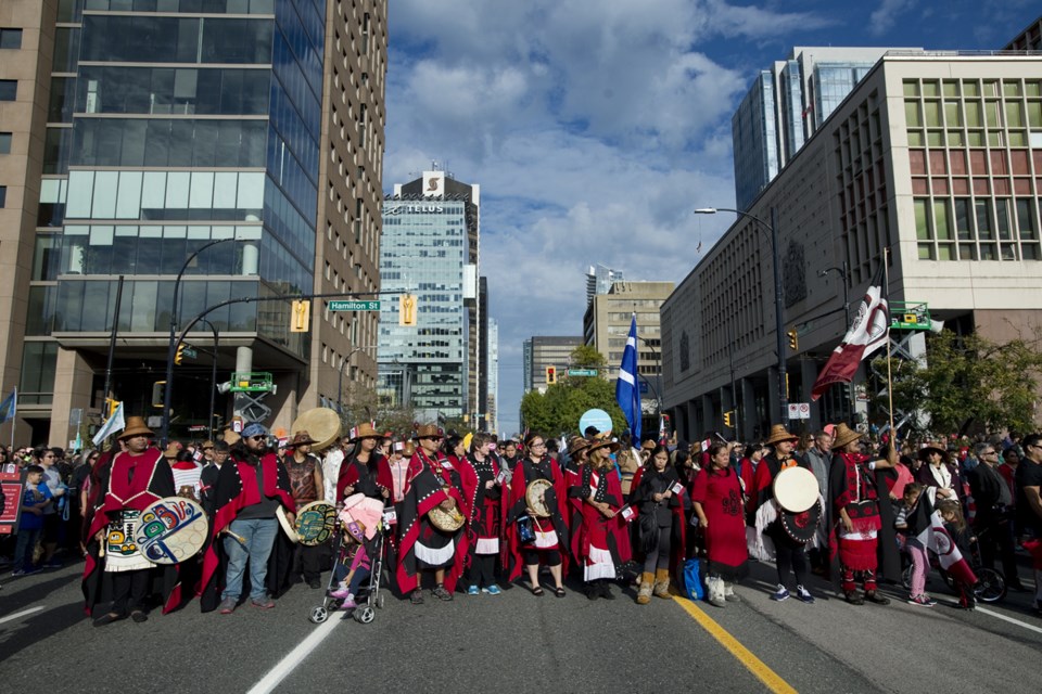 Thousands gather at the corner of Georgia and Cambie to listen to speakers prior to the Walk for Reconciliation. Photo Jennifer Gauthier