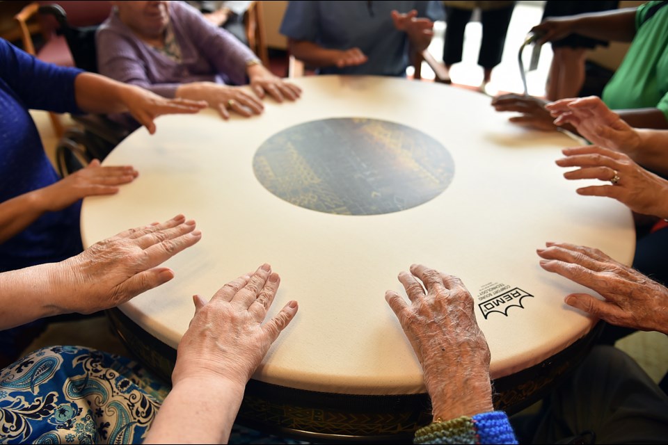 A large drum at Youville Residence on Heather Street plays an important role in the music therapy sessions held there. Photo Dan Toulgoet